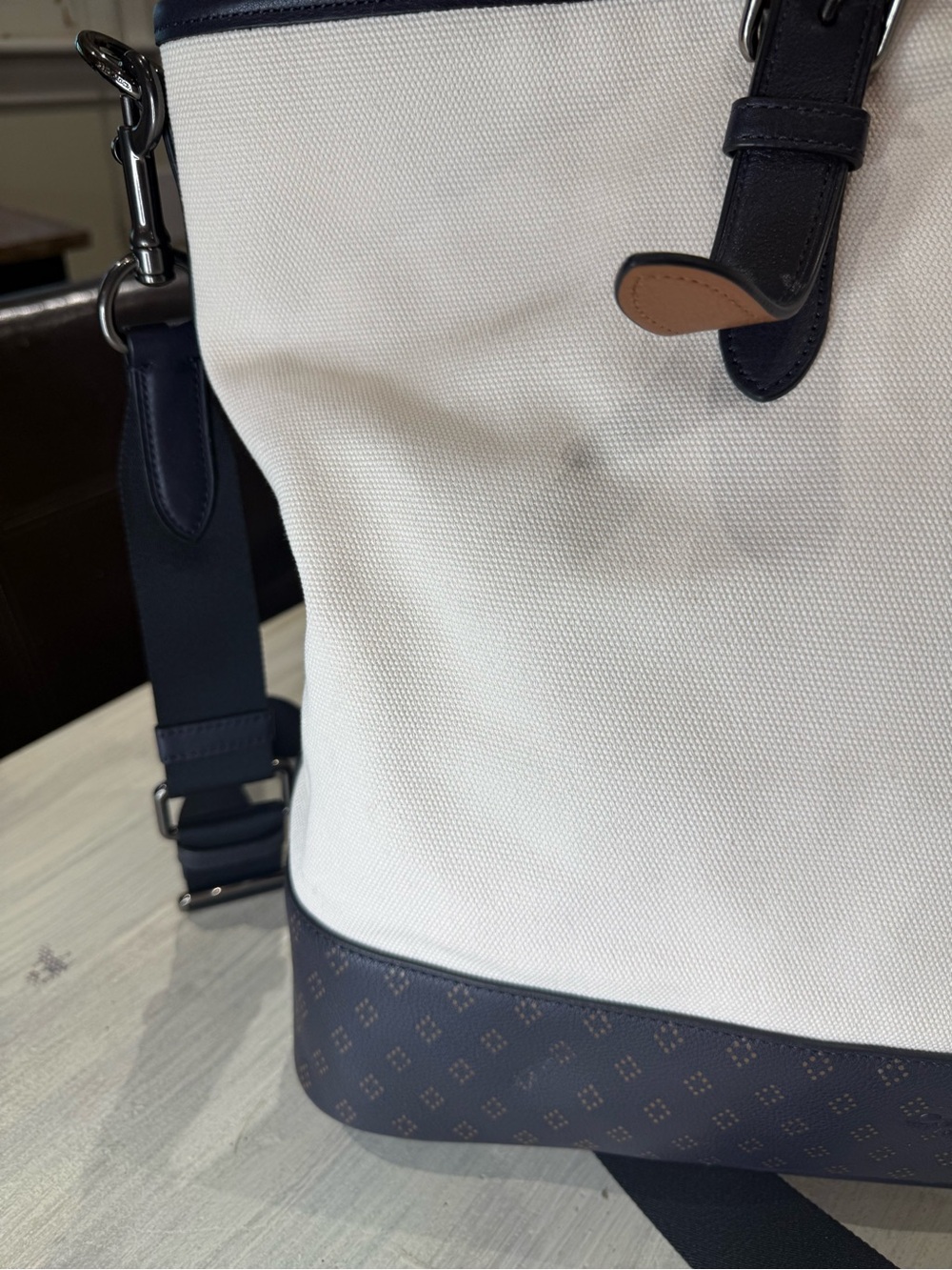 Coach Mercer Canvas Duffel/Tote in Chalk and Navy with Brown Accents- NWOT - Picture 6 of 14